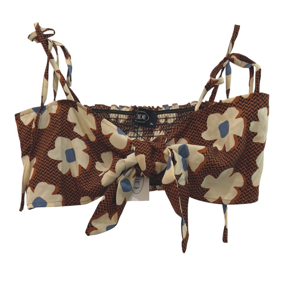 Cider Retro‎ Floral Brown Blue Ivory Tie Front Smocked Crop Top Brown XL NWT